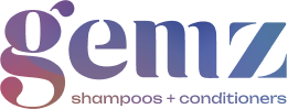 Gemz shampoos + conditioners logo in gradient purple and blue text.